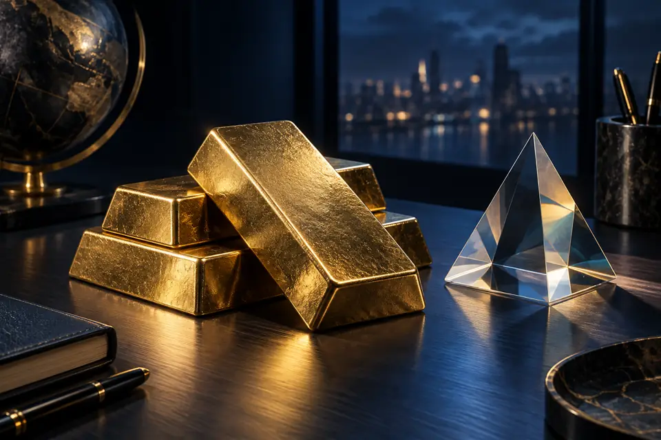 金條與透明稜鏡的AI概念示意圖，象徵黃金面對多重市場因素。
