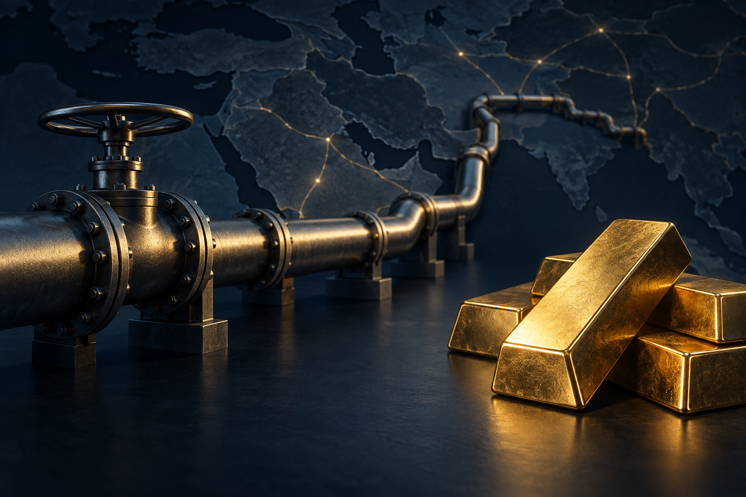 AI concept illustration combining a desert oil pipeline, energy infrastructure and gold bars.